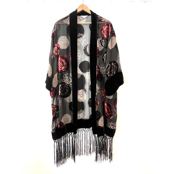 WinterSilks Vintage 100% Silk Black Burnout Velvet Kimono Jacket with Fringe XL - Picture 1 of 6